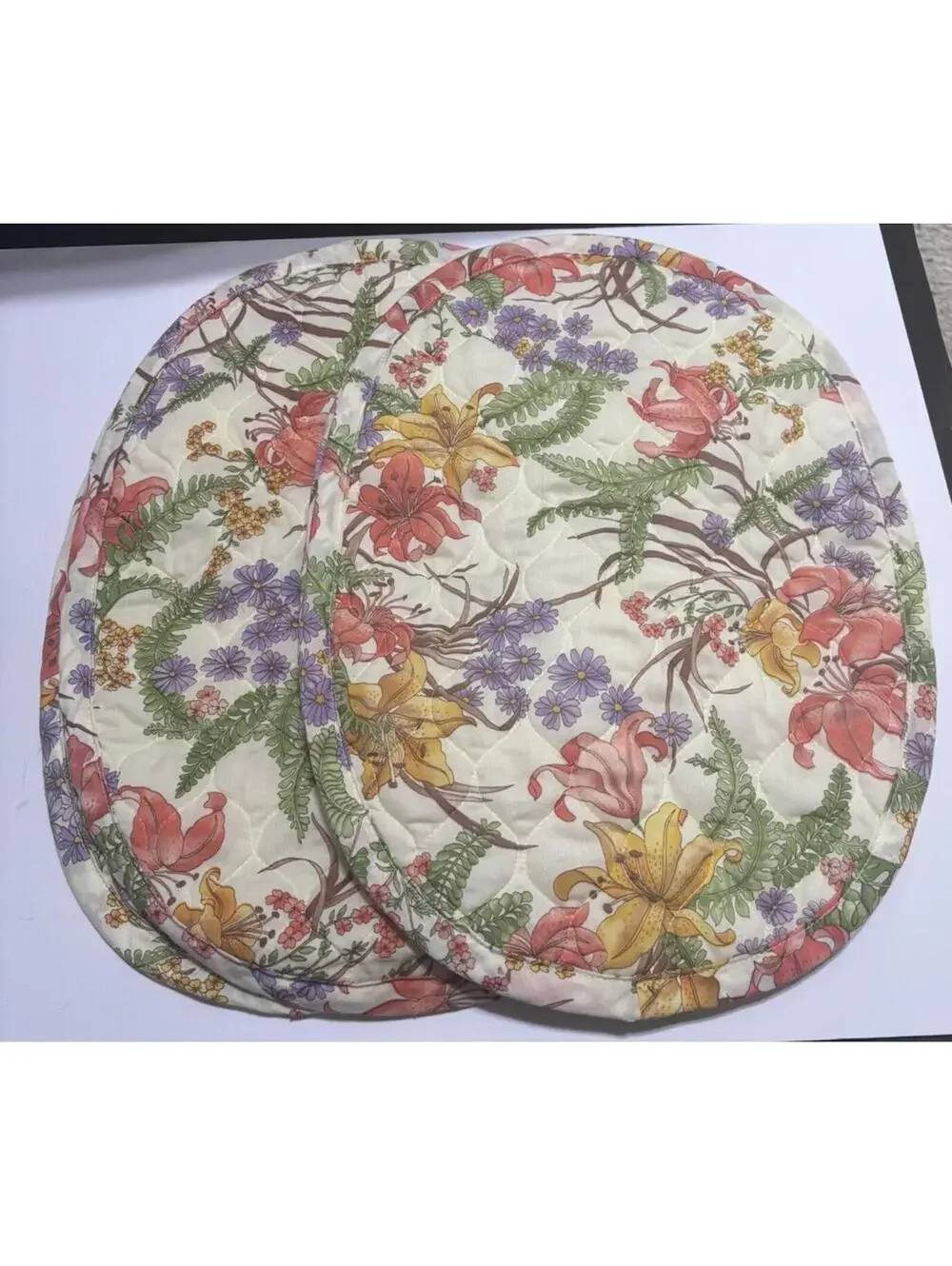 Vintage Handmade Floral 4 Quilted Placemats & 4 Cloth Napkins Printine Condition